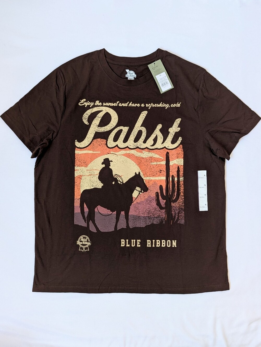 Pabst Blue Ribbon Cowboy Desert Sunset Graphic T-Shirt Brown XL New With Tags